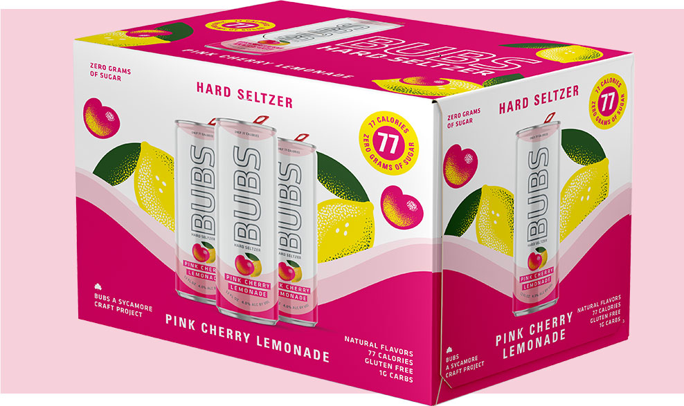 BUBS Hard Seltzer package design for Pink Cherry Lemonade